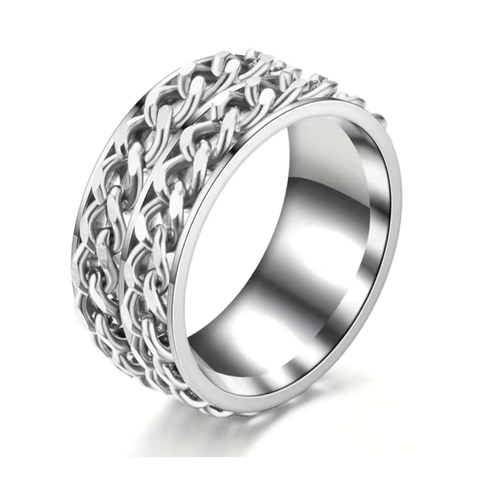 Stainless Steel Double Chain Spinner Ring Wide Band Fidget Ring